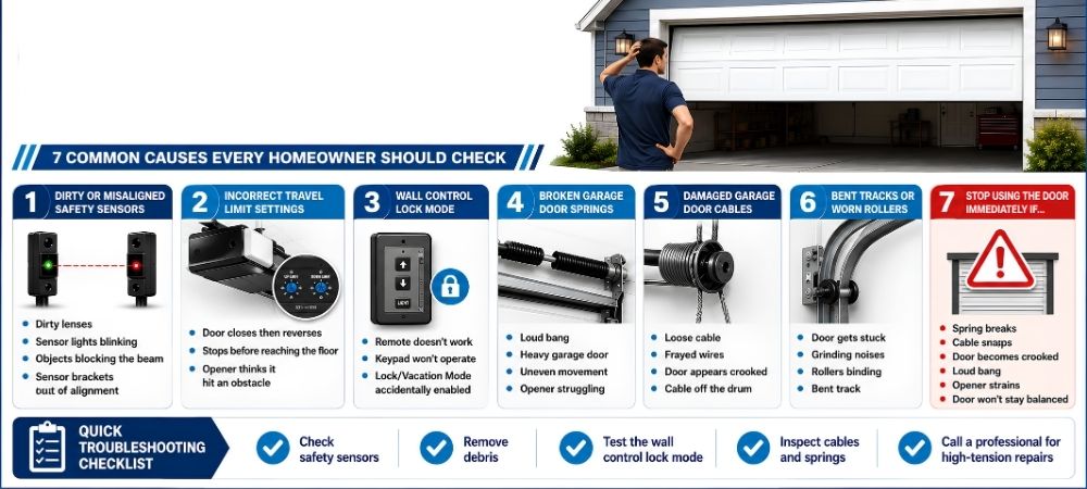 Garage door won't close infographic showing common causes, warning signs, and troubleshooting tips