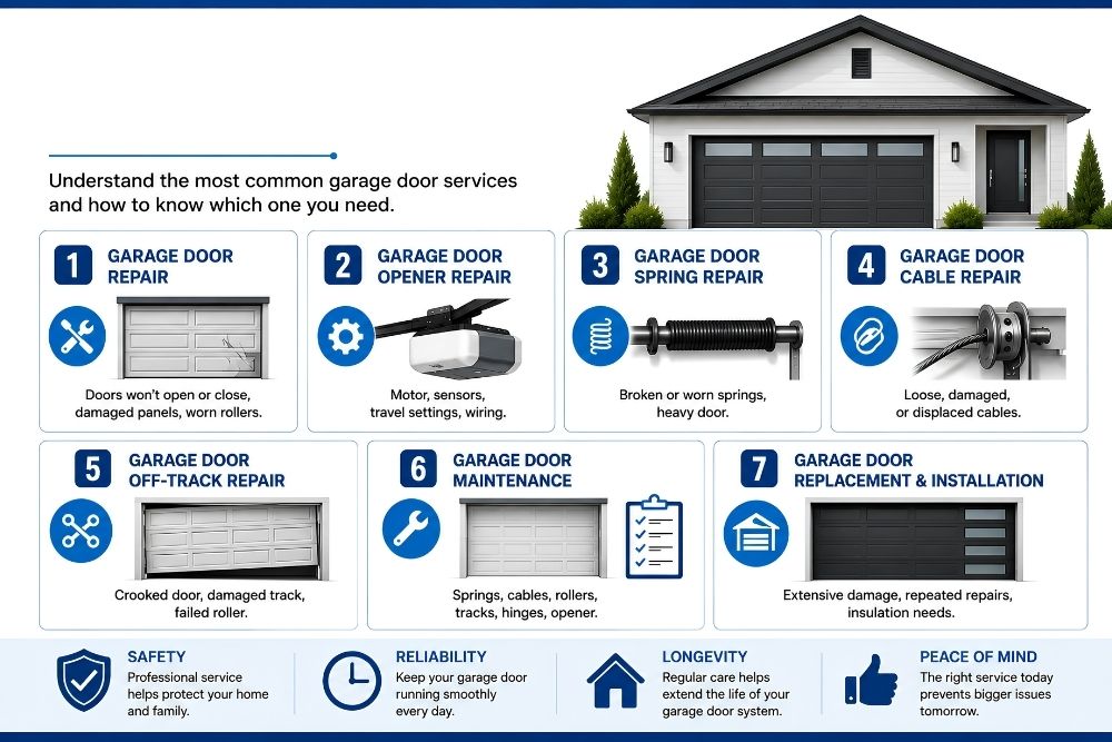 Garage door repair services in San Antonio including opener, spring, cable, off-track repair and maintenance