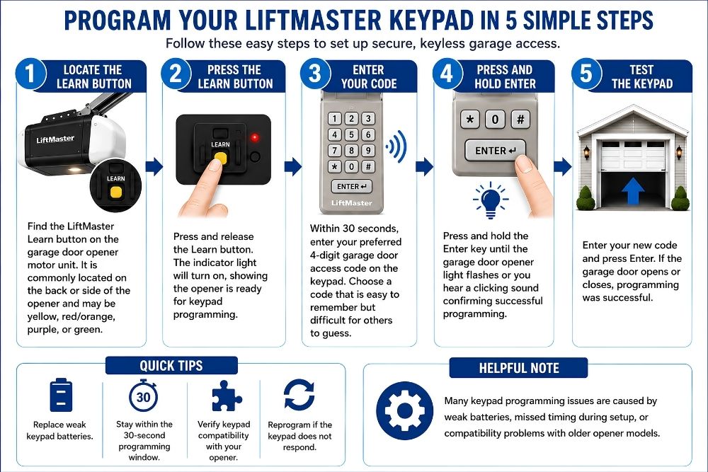 five simple steps to program a LiftMaster garage door keypad, including setup instructions, testing, and troubleshooting tips