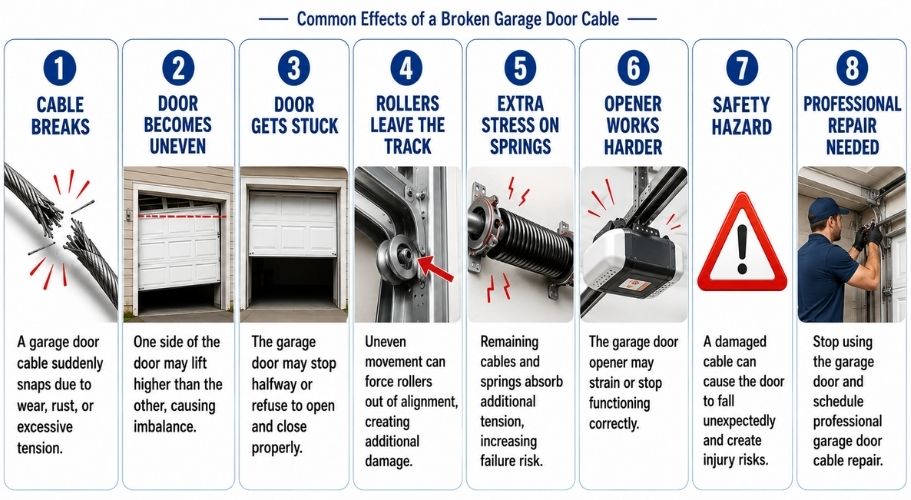 Garage door cable snap infographic showing common damage, safety hazards, and warning signs