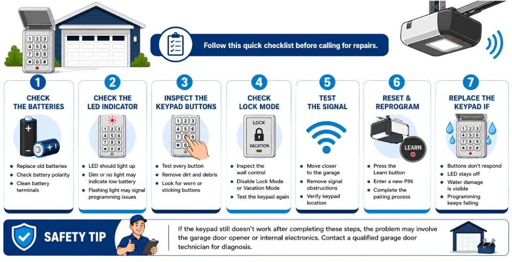 Garage door keypad troubleshooting checklist infographic