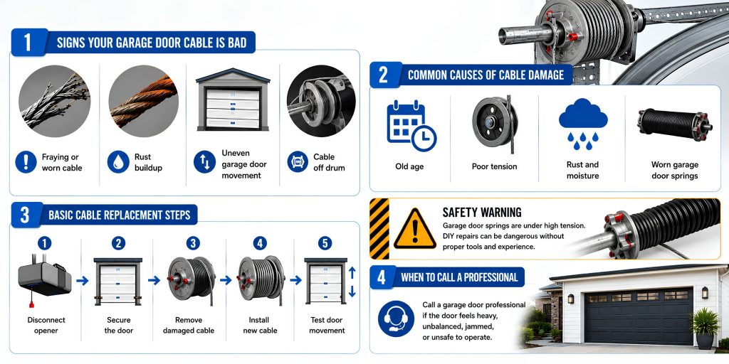 Garage door cable warning signs and replacement steps infographic