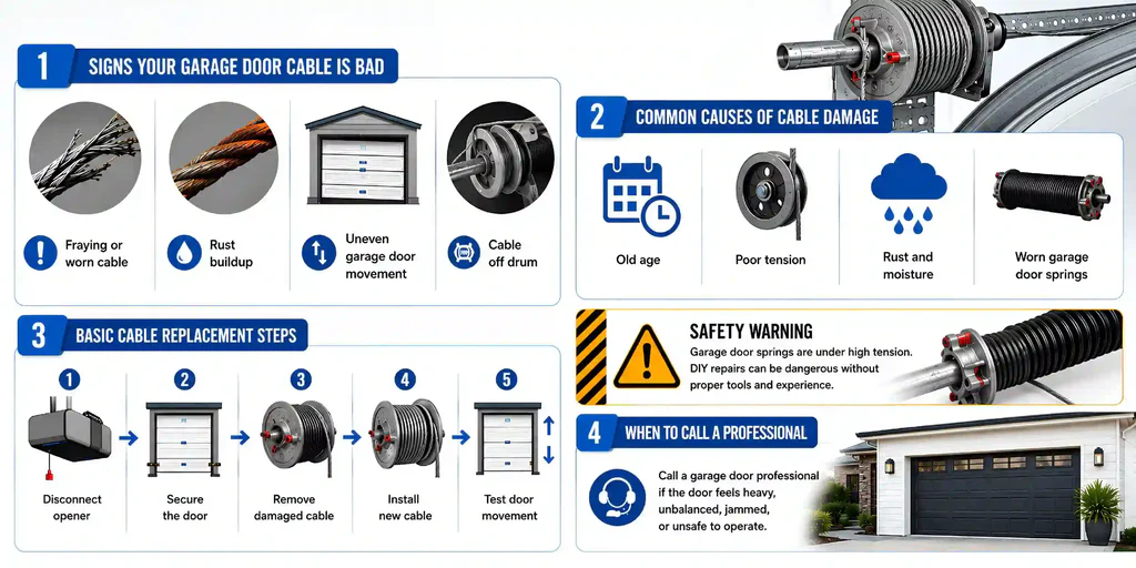 Garage door cable warning signs and replacement steps infographic