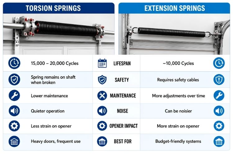 torsion vs extension garage door springs comparison showing lifespan safety maintenance noise and opener impact