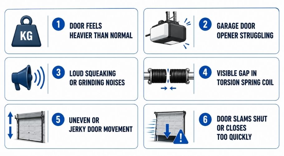 warning signs of worn garage door springs including heavy door opener strain and broken spring symptoms