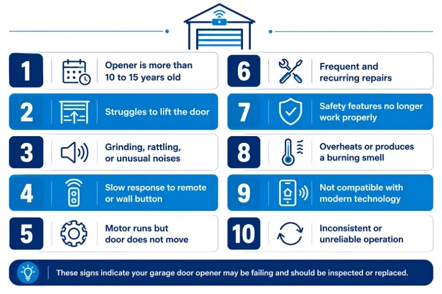 Infographic showing 10 signs your garage door opener needs replacement