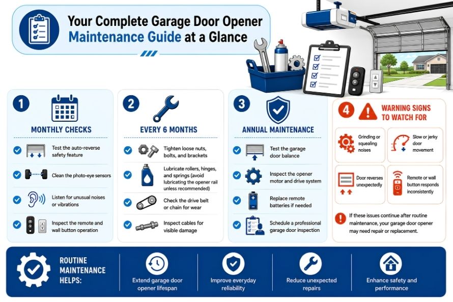 Garage door opener maintenance checklist infographic explaining essential maintenance tips, inspection schedules, and warning signs to keep your garage door opener operating safely and reliably.