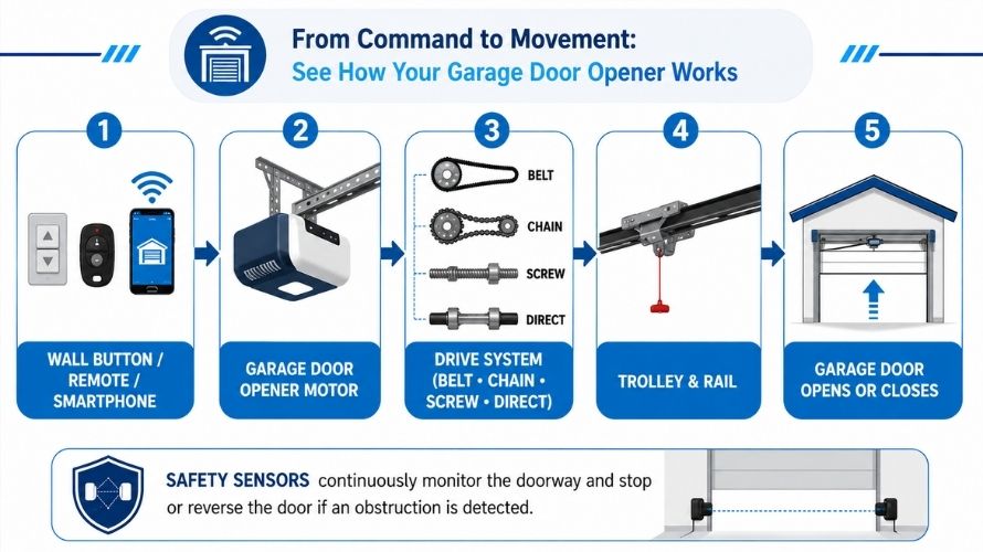 How a garage door opener works infographic showing the flow from remote or wall button to the opener motor, drive system, trolley, and garage door movement.