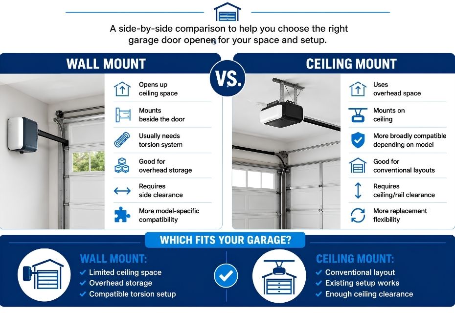 Wall mount vs ceiling mount garage door opener comparison
