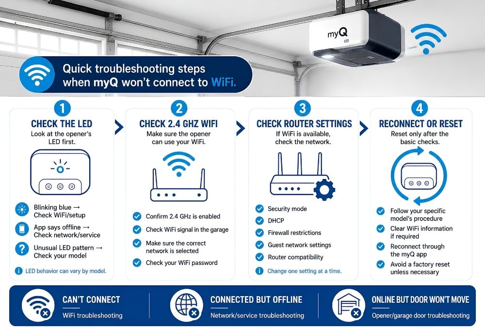 myQ not connecting to WiFi troubleshooting steps including LED check, 2.4 GHz WiFi, router settings, and device reset